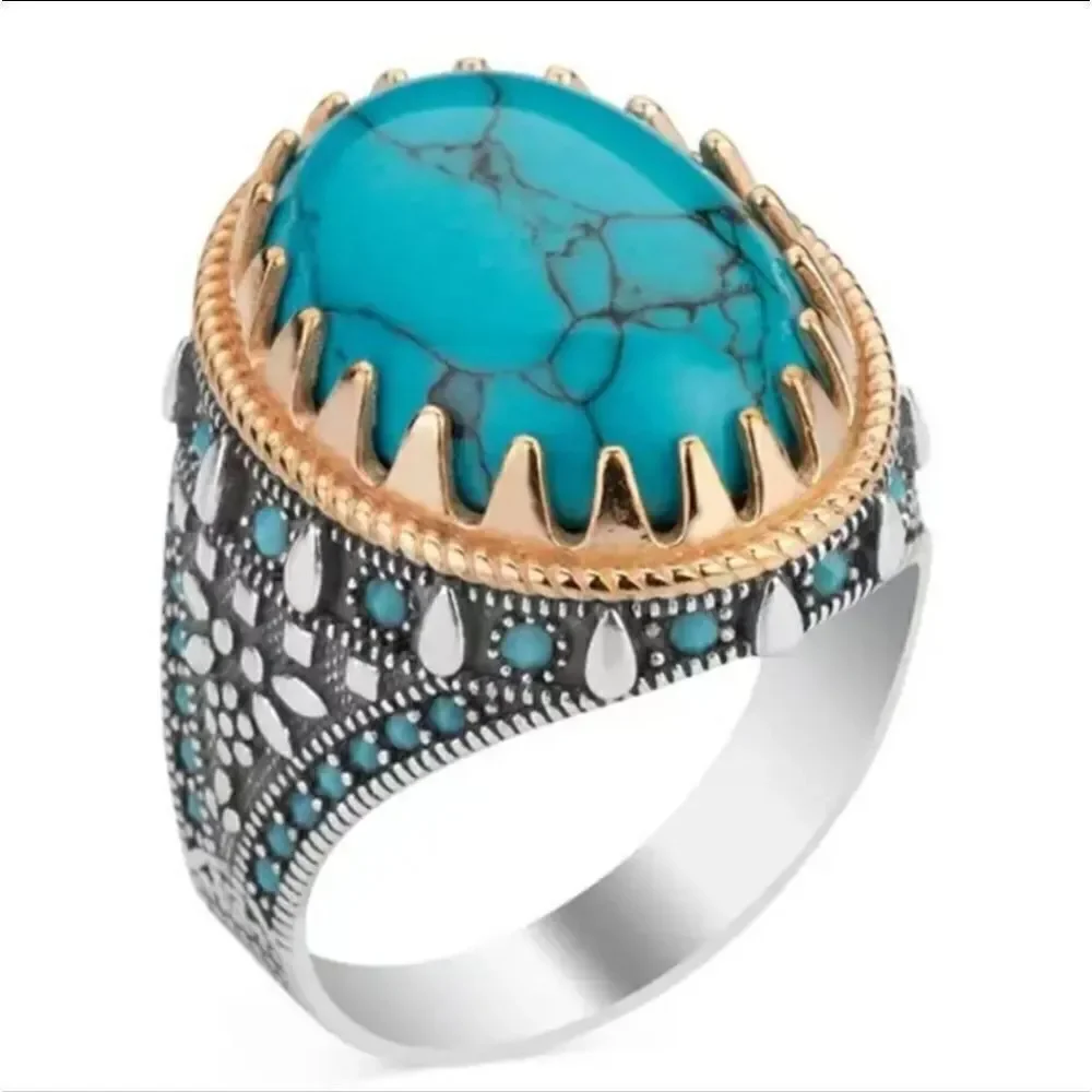 Vintage Unisex Electroplated Two-tone Inlaid Turquoise Ring